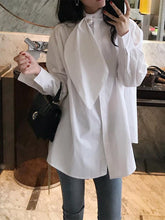 Loose Solid Color Imitation Pearl Buttoned Leaf Bow Tie Shirt